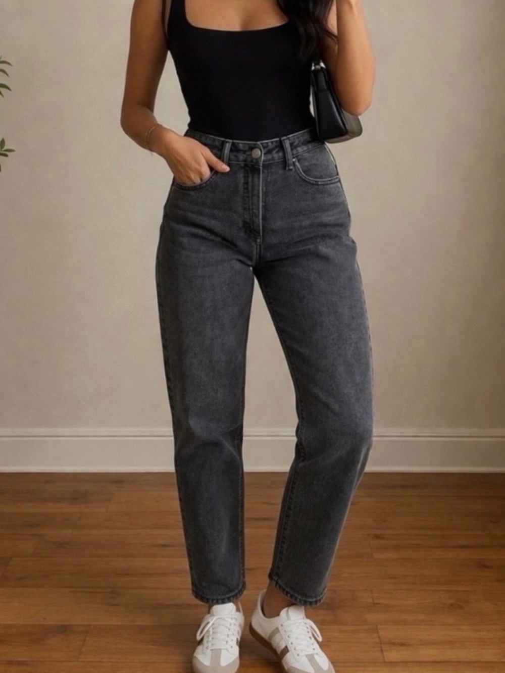 High-Rise Straight-Leg Mom Jeans - Charcoal Gray